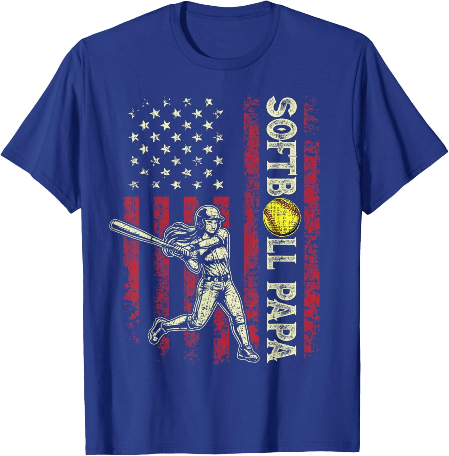 Softball Papa American US Flag Patriotic Papa Fathers Day T-Shirt - T-Shirt | Royal