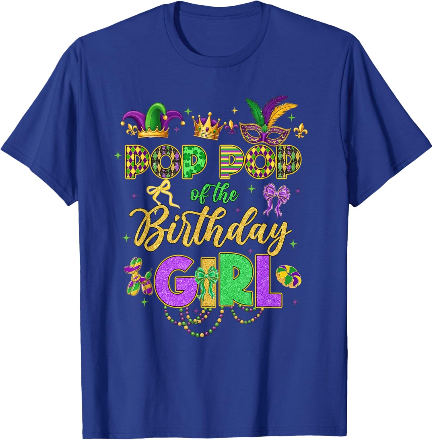 Pop Pop of The Birthday Girl Coquette Bow Mardi Gras Party T-Shirt - T-Shirt | Royal