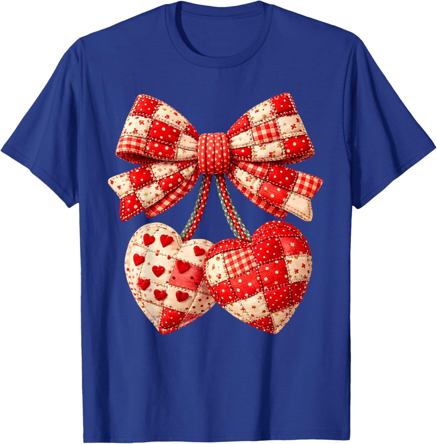 Valentine Hearts Bow Patchwork Graphic Art Romantic Quilted T-Shirt - T-Shirt | Royal