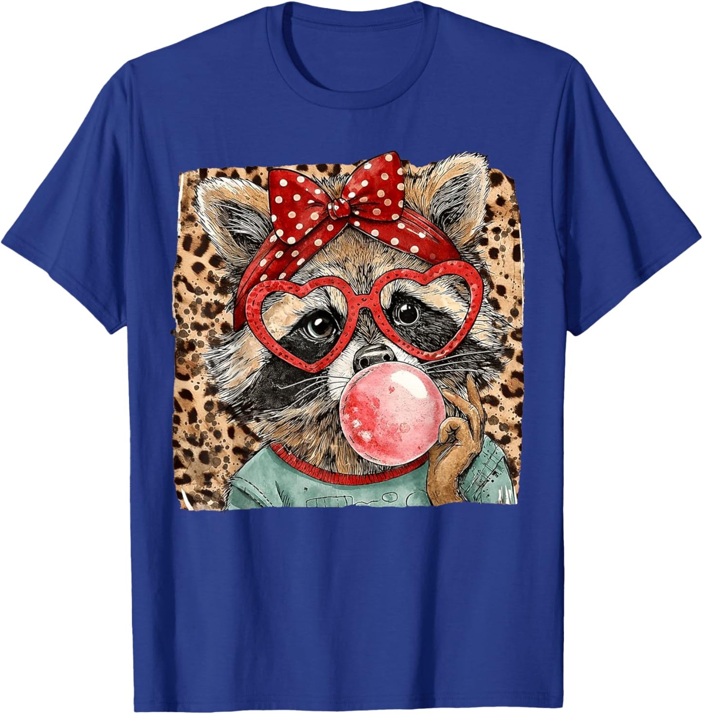 Vintage Leopard Racoon Bow Blowing Bubble Gum Valentine T-Shirt - T-Shirt | Royal