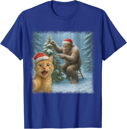 Funny Cat Selfie with Bigfoot Winter Christmas Sasquatch T-Shirt - T-Shirt | Royal
