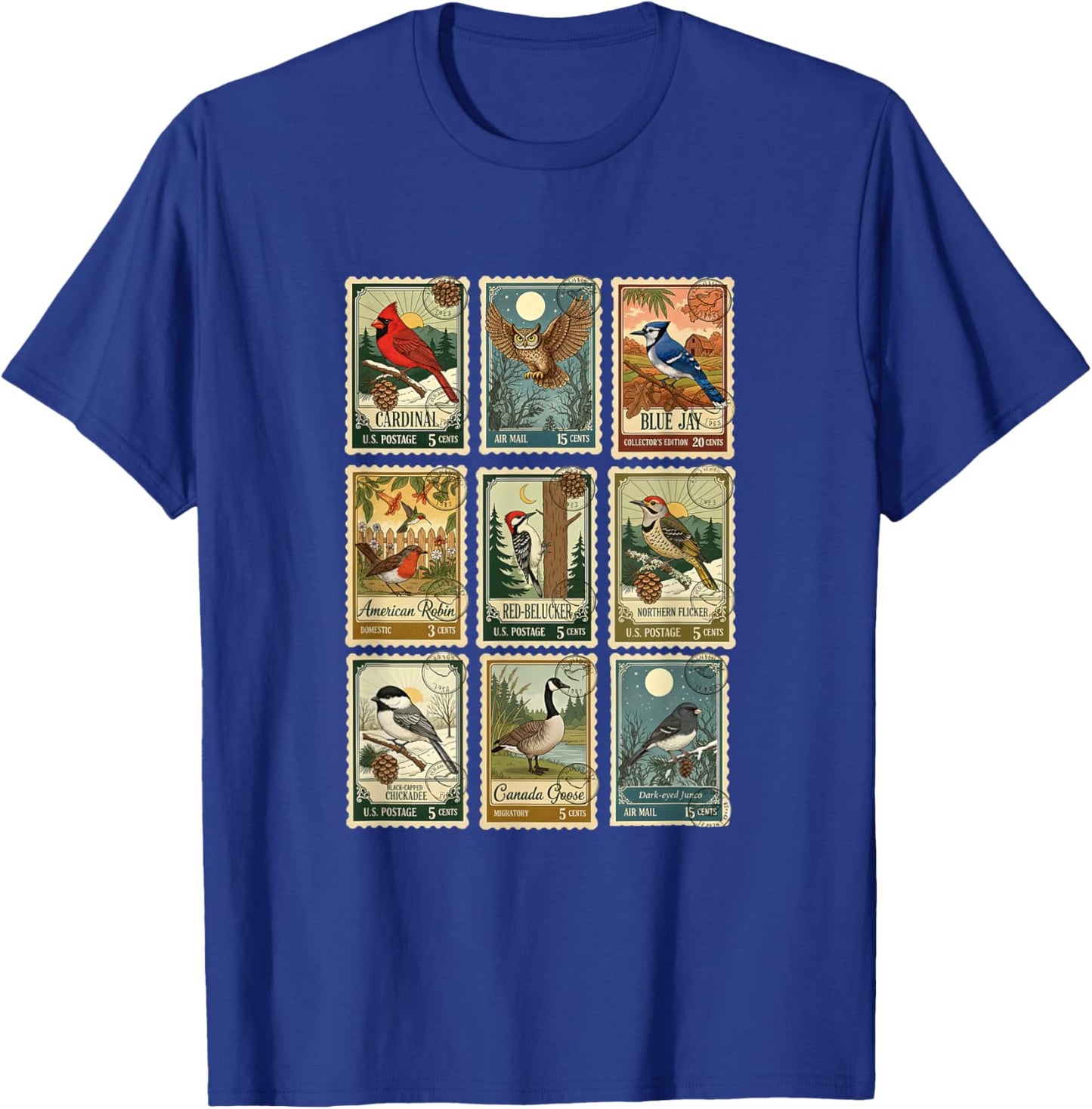 Vintage Bird Stamp Bird Watcher Nature Birding Birdwatching T-Shirt - T-Shirt | Royal