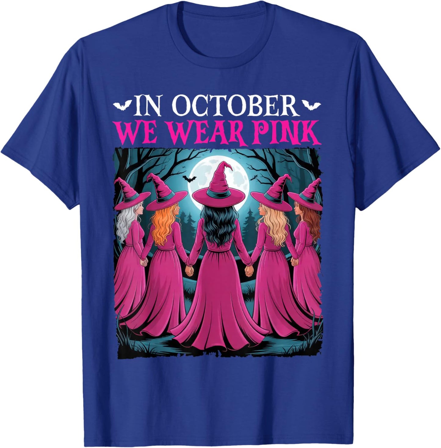 in October We Wear Pink Witch Halloween Breast Cancer Women T-Shirt - T-Shirt | Royal