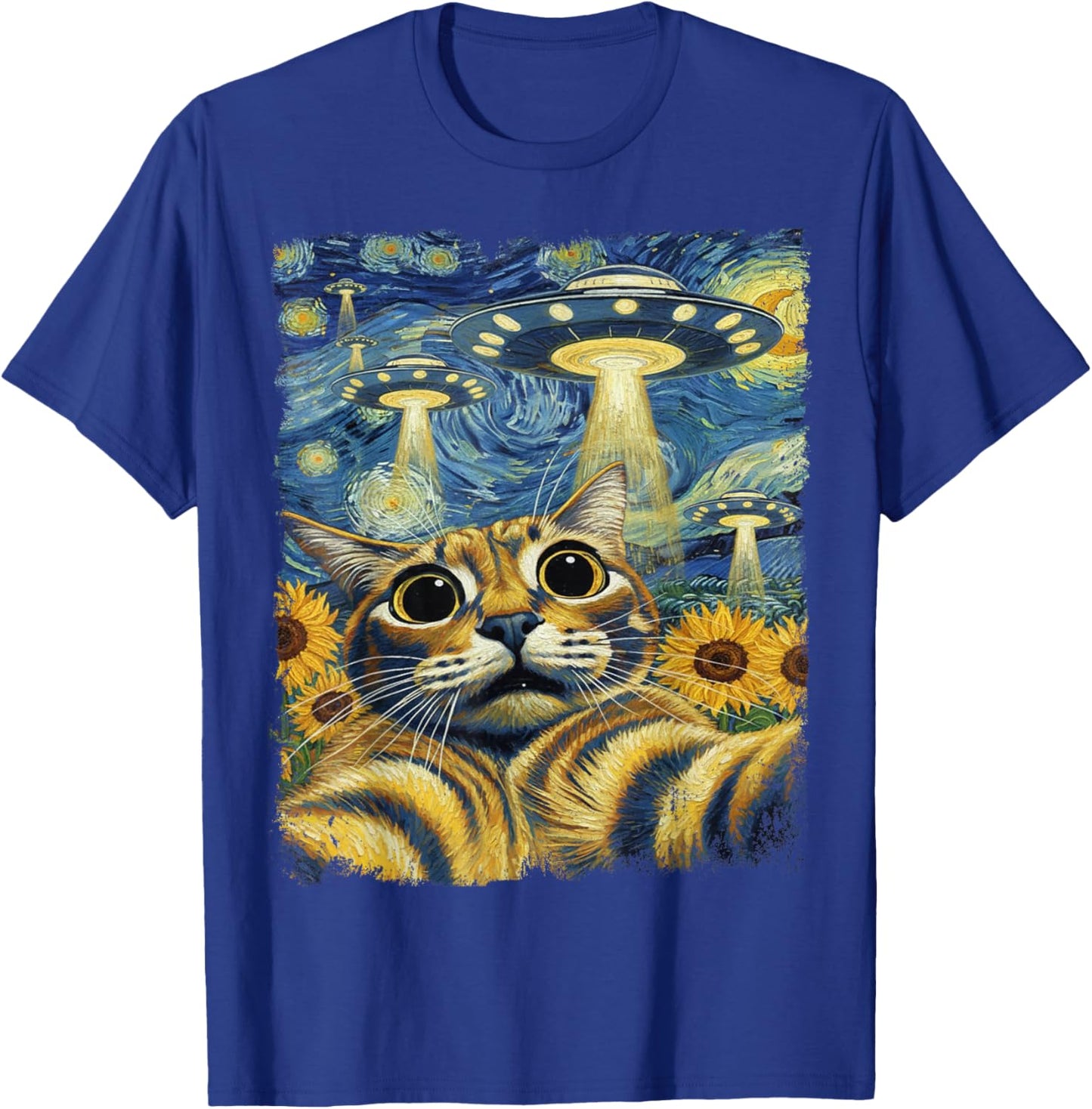 Cat Selfie with UFO Starry Night Van Gogh Cat Men Women Kids T-Shirt - T-Shirt | Royal