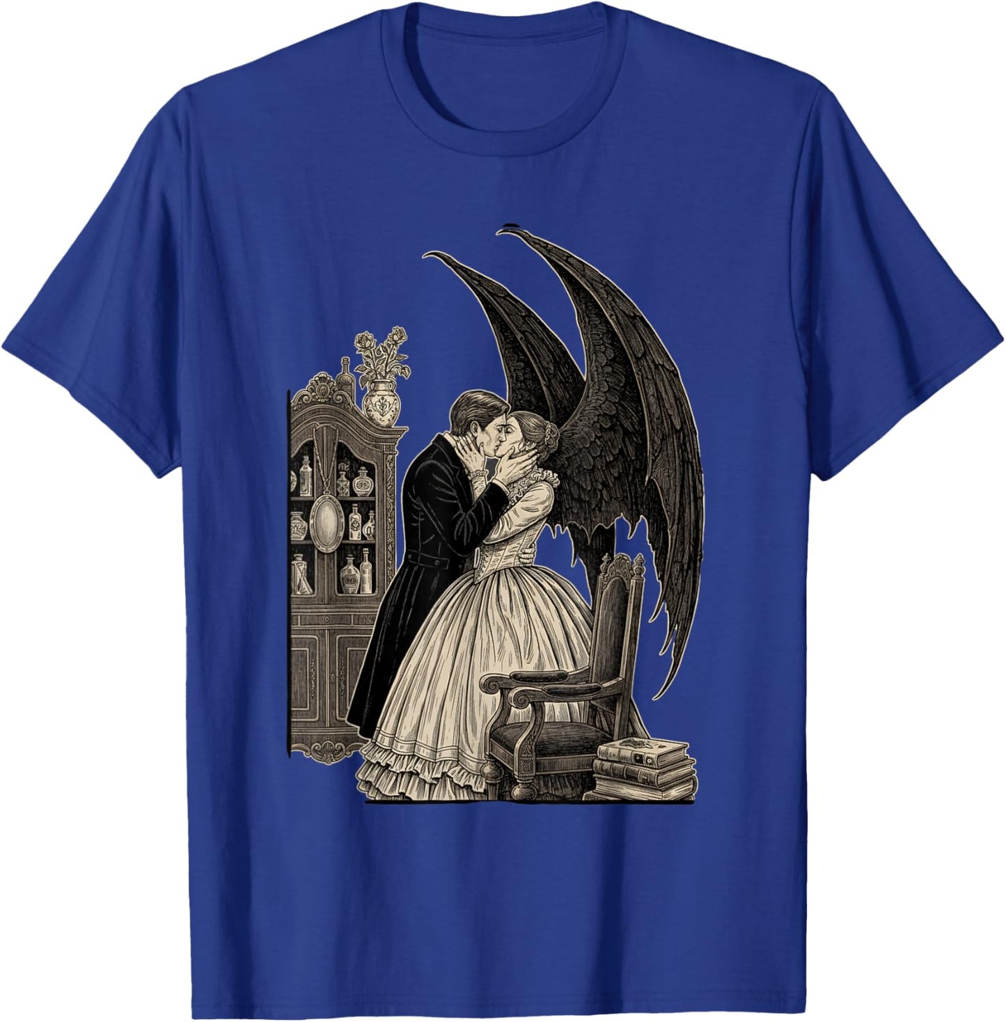 Gothic Vampire Kiss Victorian Couple Wings Halloween Romance T-Shirt - T-Shirt | Royal