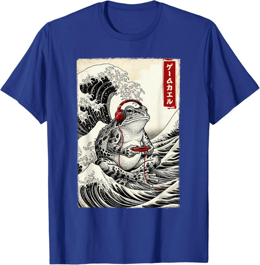 Japanese Kaeru Frog Gamer Playing Video Games Kids Boys Girl T-Shirt - T-Shirt | Royal
