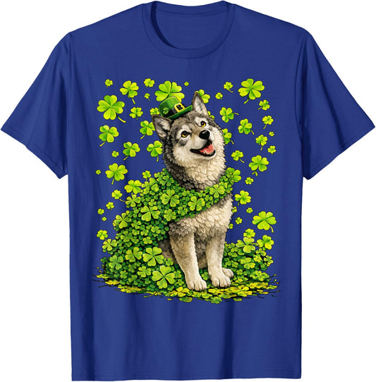 Lucky Wolf with Shamrocks Clovers St Patricks Day Animal T-Shirt - T-Shirt | Royal