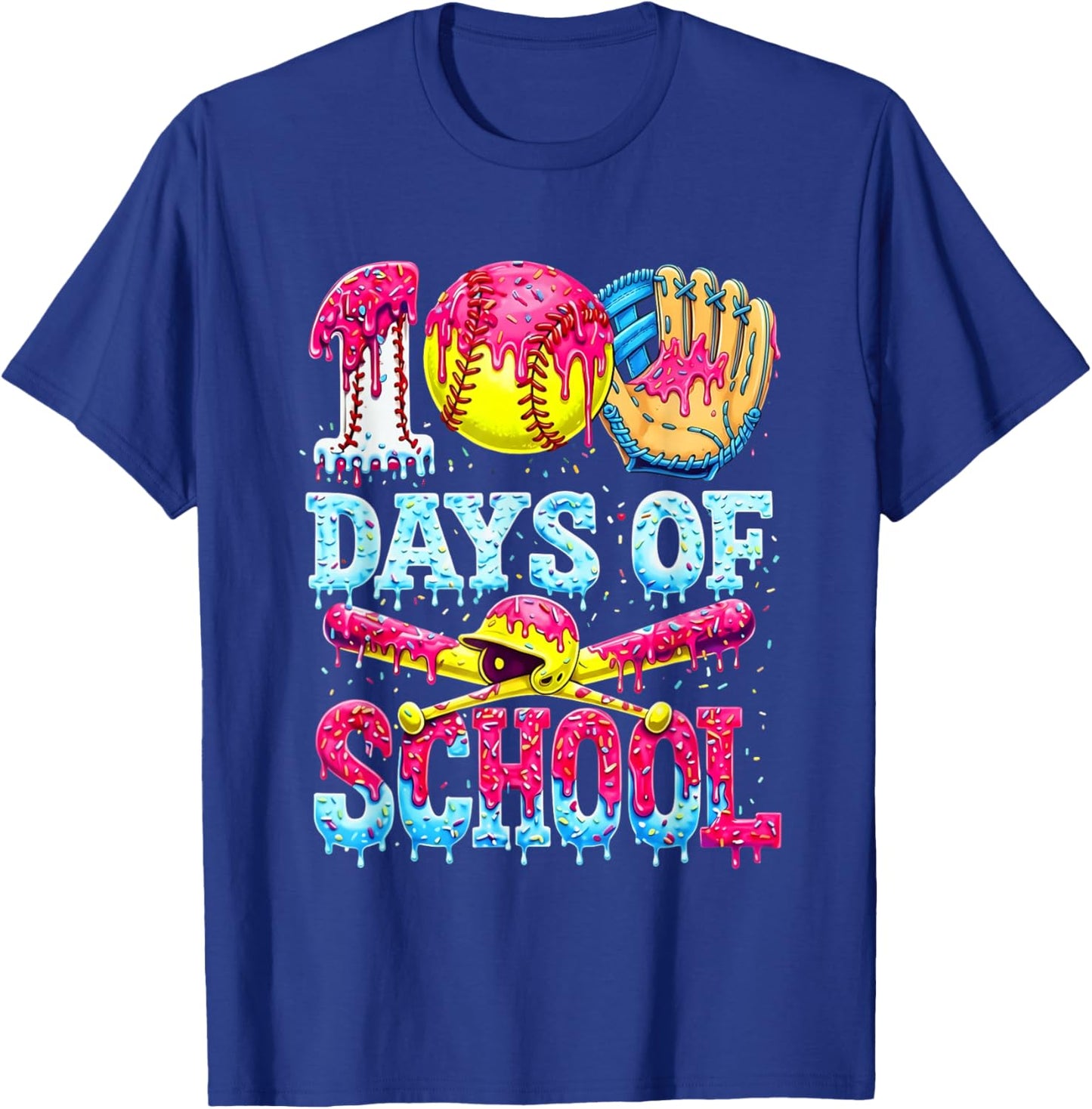 100 Days of School Softball Ice Cream Dripping Pattern T-Shirt - T-Shirt | Royal