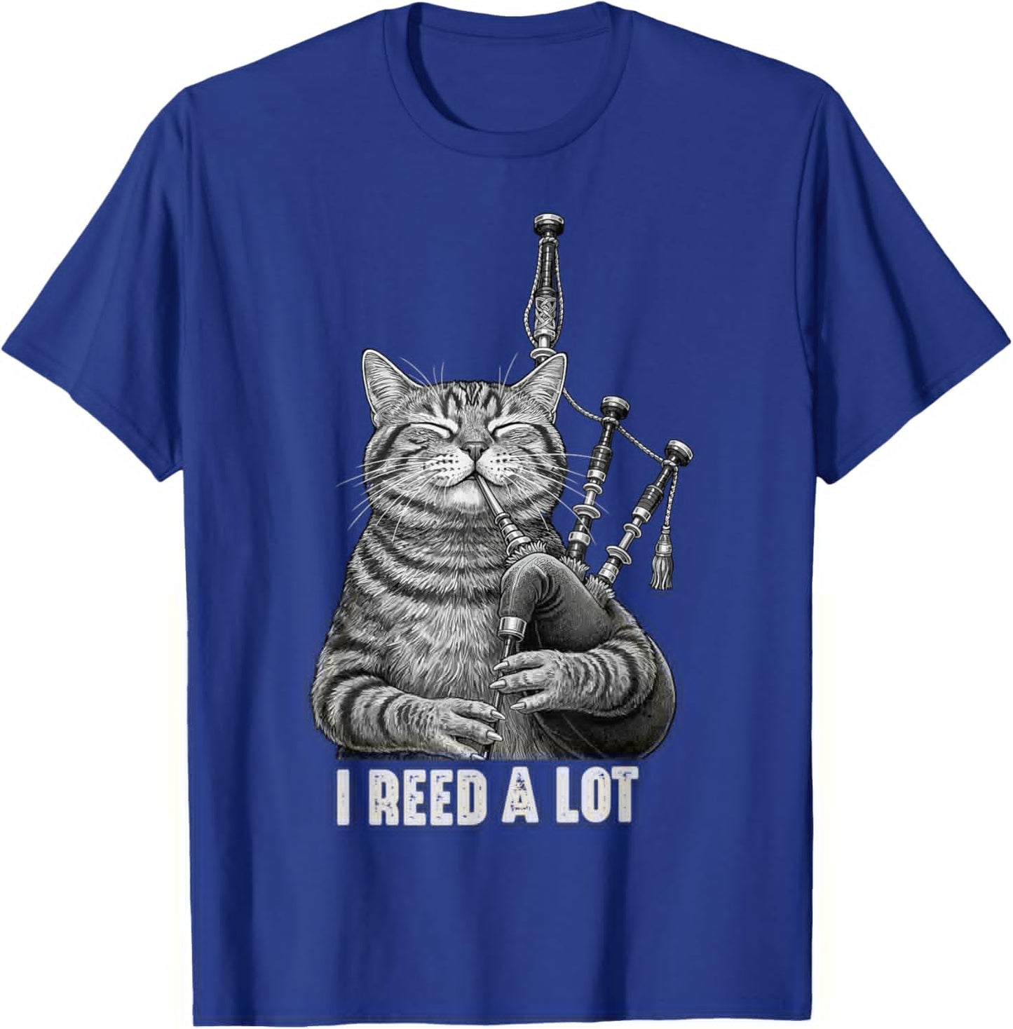 Cat Playing Bagpipe Player Funny Marching Band Men Women T-Shirt - T-Shirt | Royal