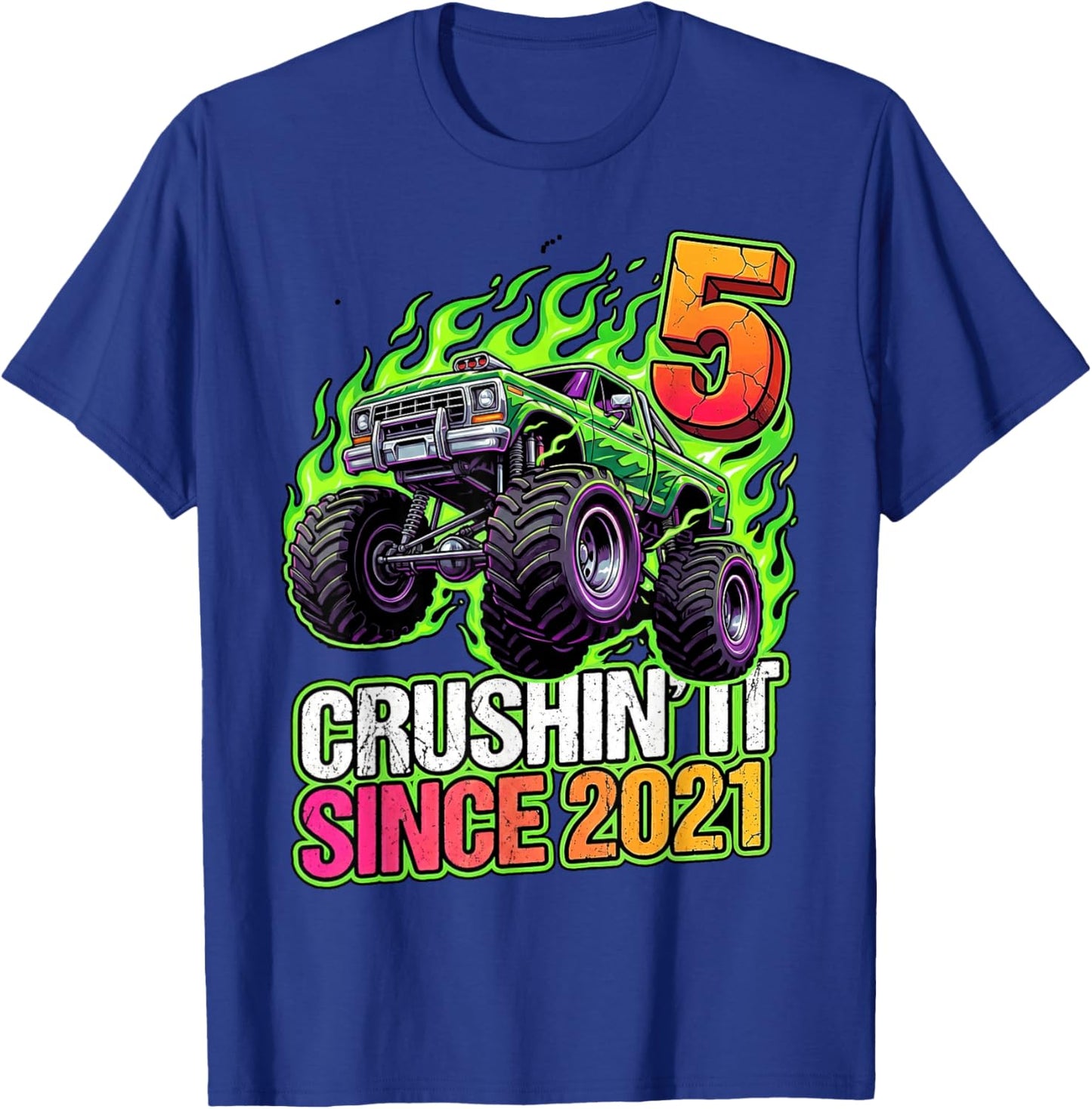 Birthday Monster Truck 5 Year Old Boys 5th Party Born 2021 T-Shirt - T-Shirt | Royal