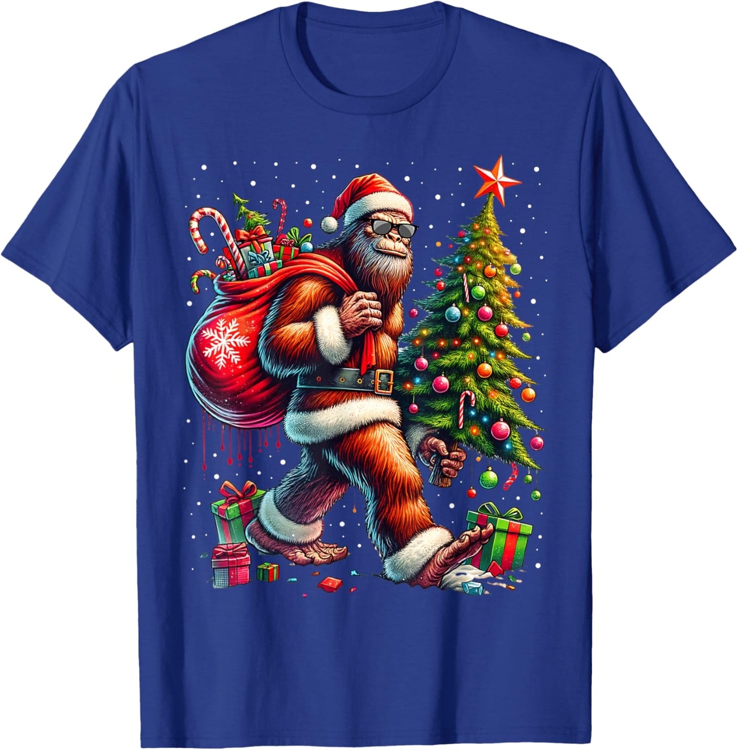 Santa Bigfoot Christmas Tree Xmas Lights Funny Sasquatch T-Shirt - T-Shirt | Royal