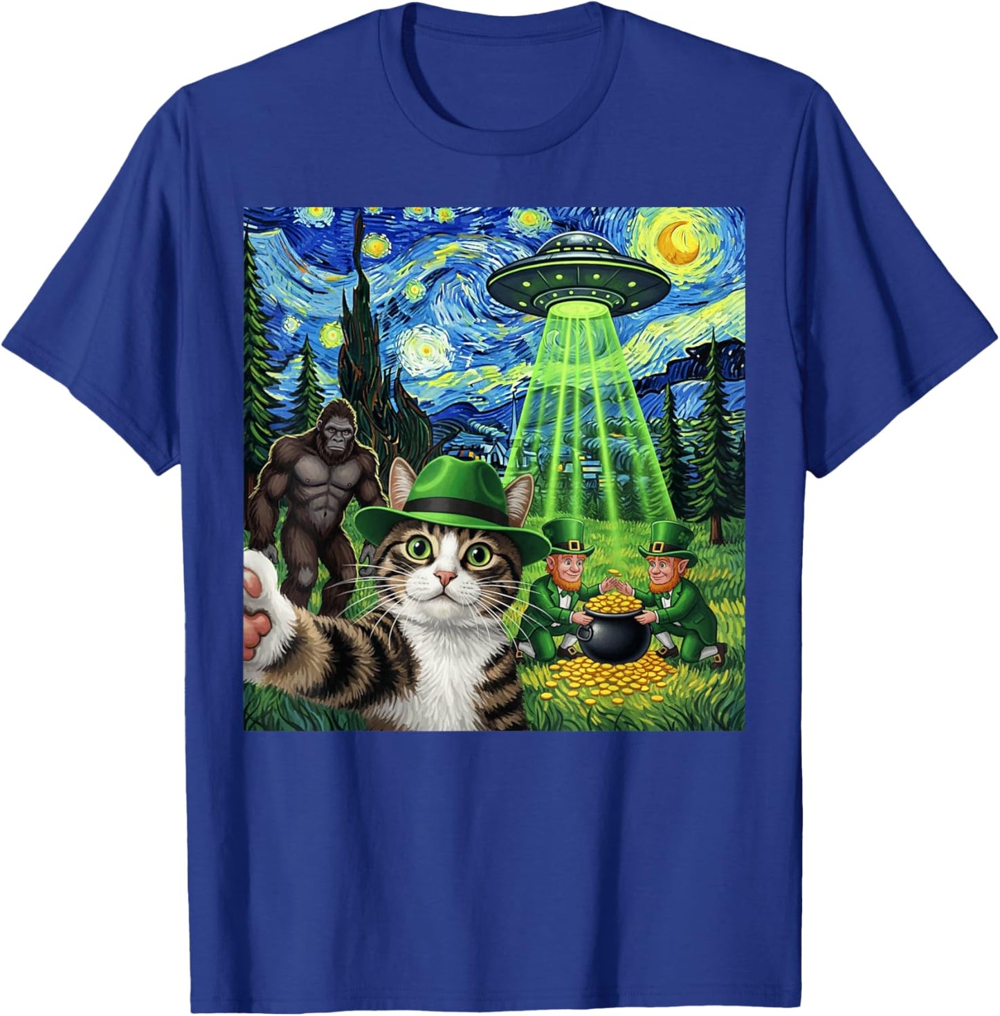 St Patricks Day Bigfoot Leprechaun Cat UFO Funny Scene T-Shirt - T-Shirt | Royal
