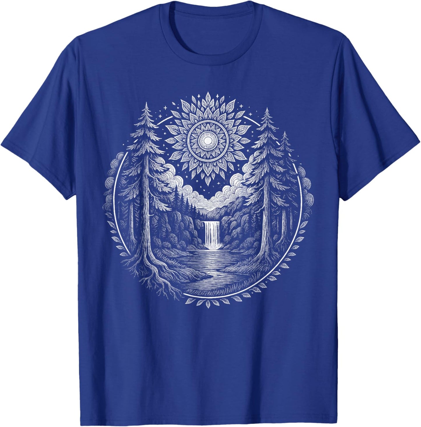 Forest Mandala Sun Waterfall Nature Boho Calm Graphic T-Shirt - T-Shirt | Royal