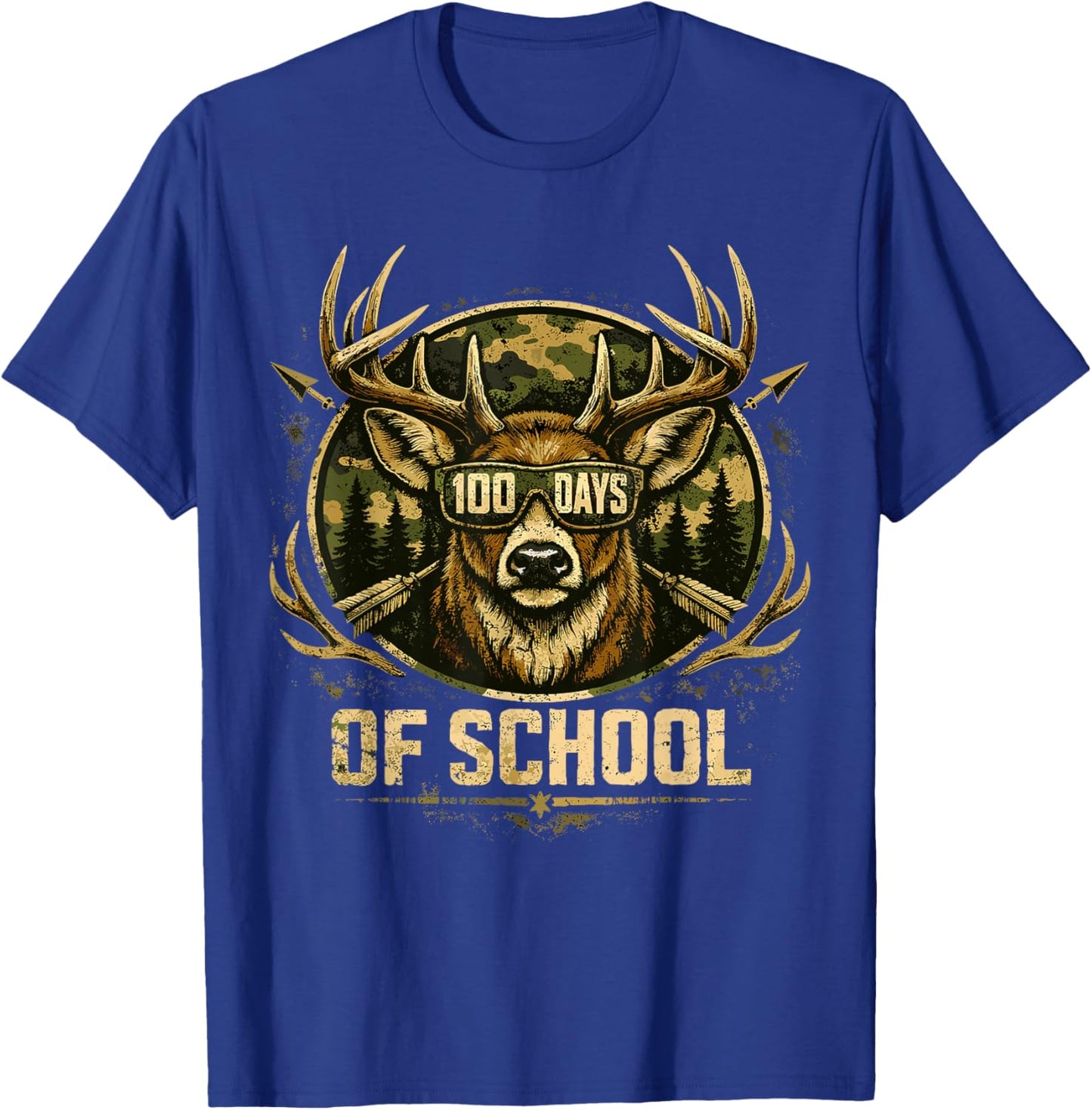 Funny Bucked 100 Day of School Camo Deer Outdoor Student Boy T-Shirt - T-Shirt | Royal