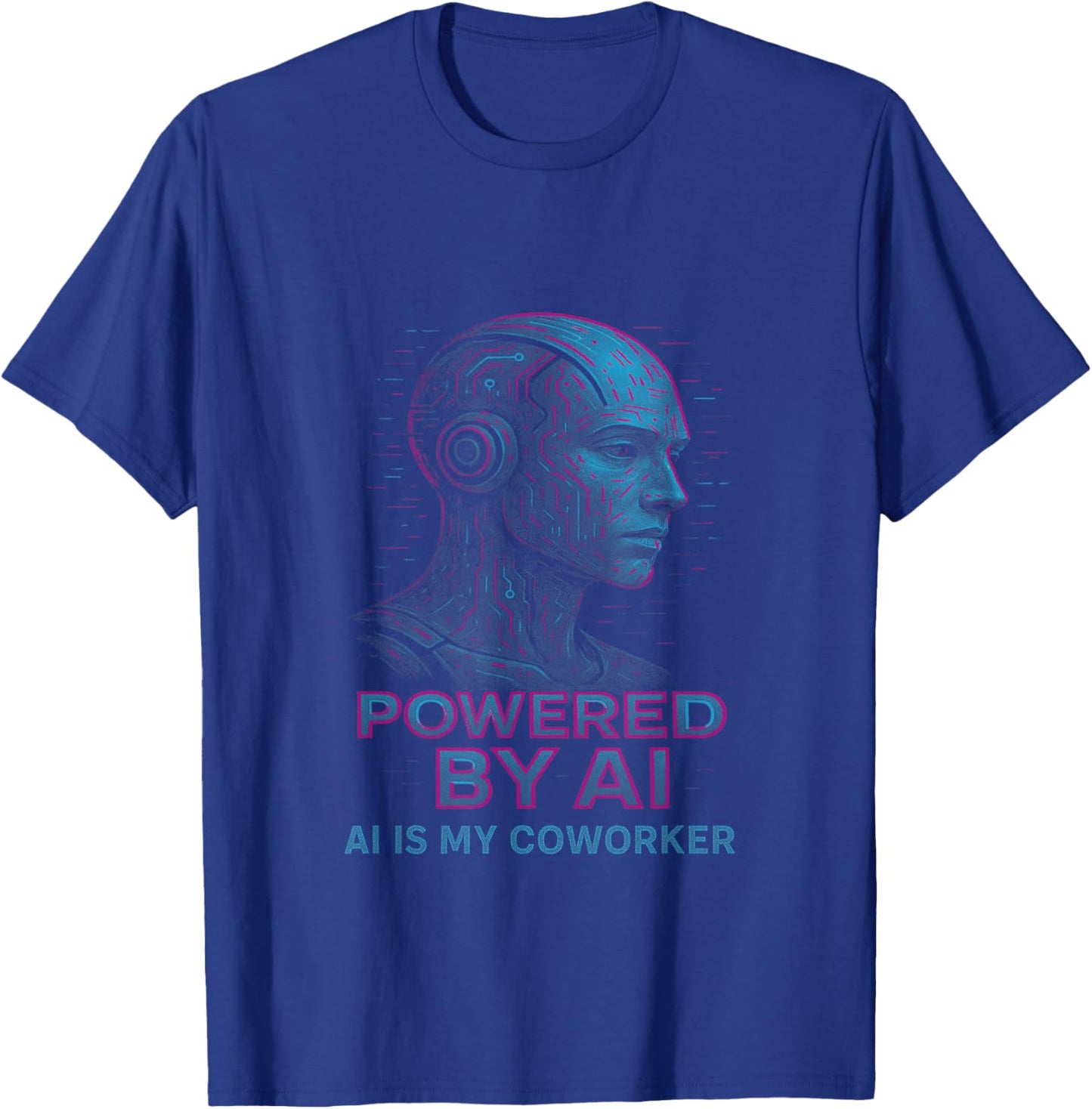 Powered by AI Futuristic Robot Head Neon Tech Graphic T-Shirt - T-Shirt | Royal