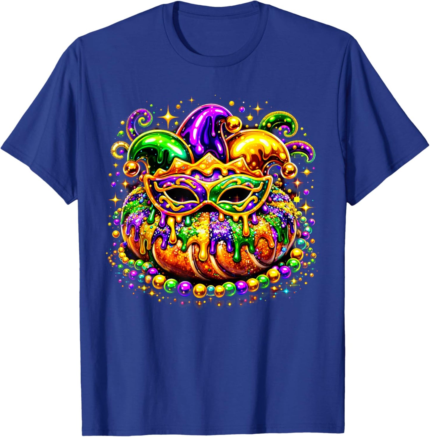 King Cake Golden Beads Mask Feathers Mardi Gras 2026 T-Shirt - T-Shirt | Royal