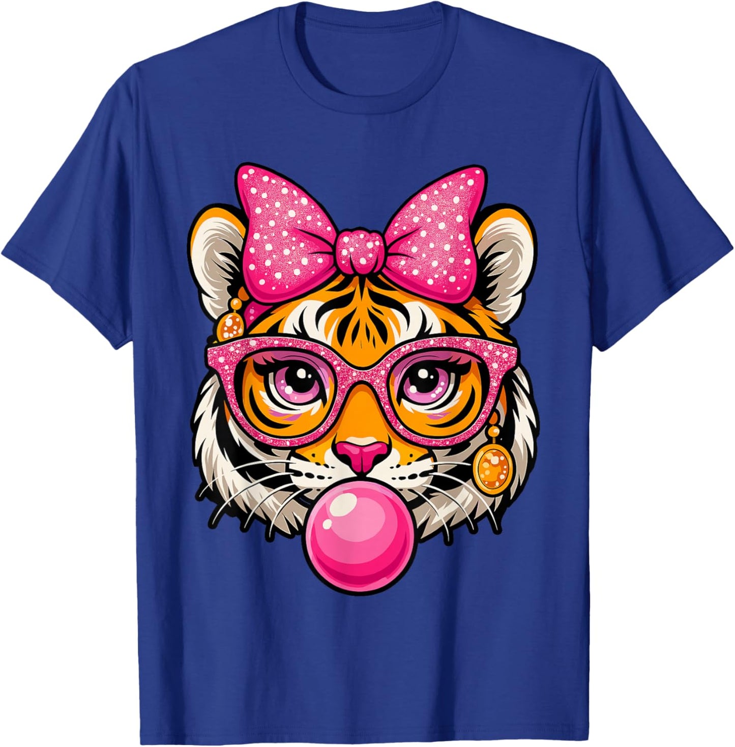Pink Bow Tiger Shirt for Girls Cute Glasses Tiger Bubble Gum T-Shirt - T-Shirt | Royal