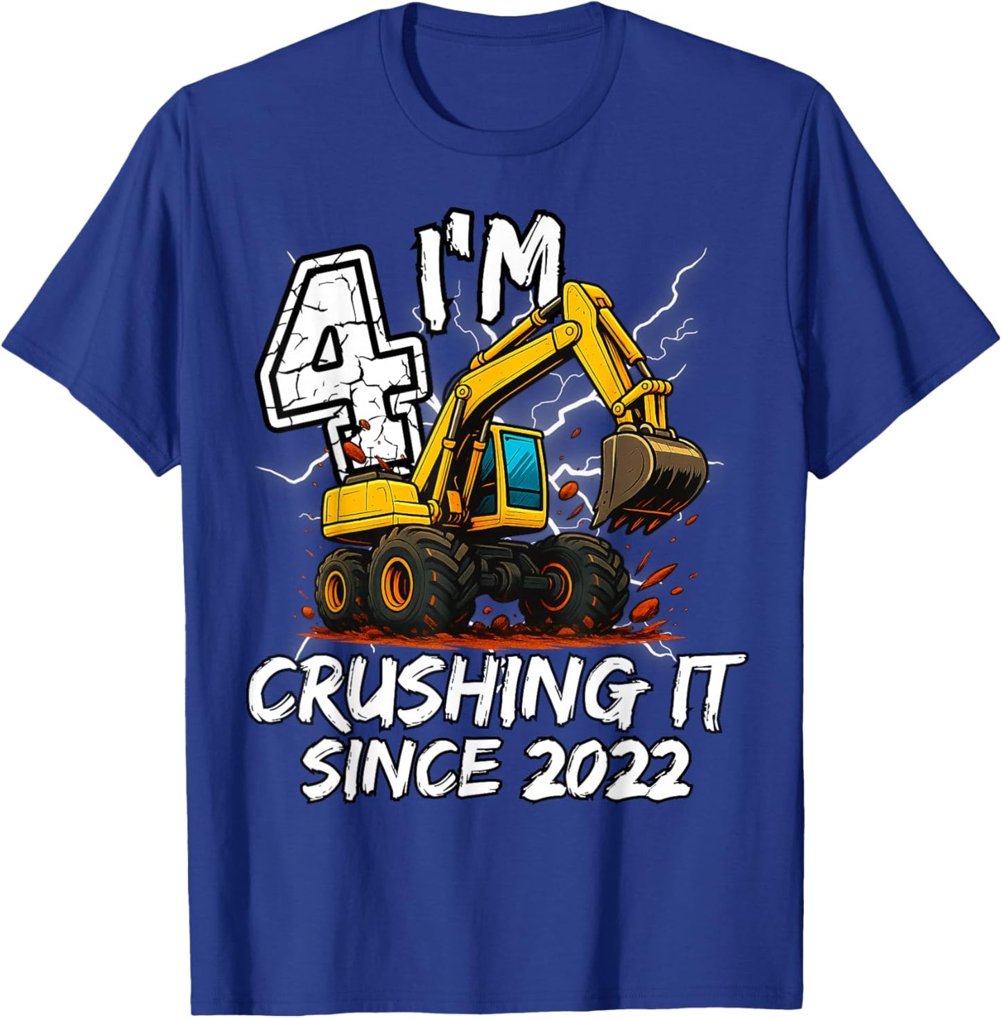 Birthday Excavator Truck 4 Year Old Boys 4th Party Born 2022 T-Shirt - T-Shirt | Royal