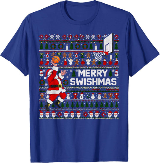 Merry Swishmas Santa Basketball Ugly Sweater Style T-Shirt - T-Shirt | Royal
