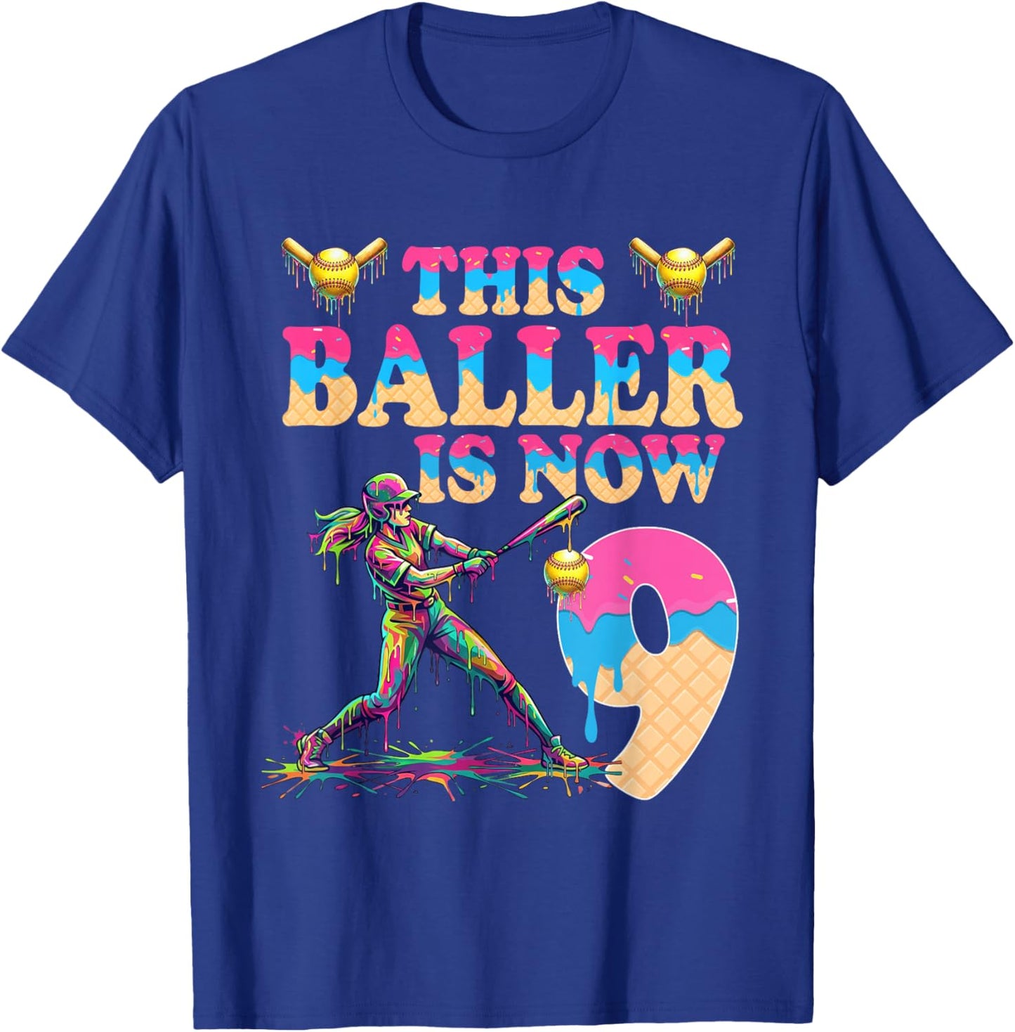 This Baller is Now 9 Years Old Birthday Girl Softball 9th T-Shirt - T-Shirt | Royal
