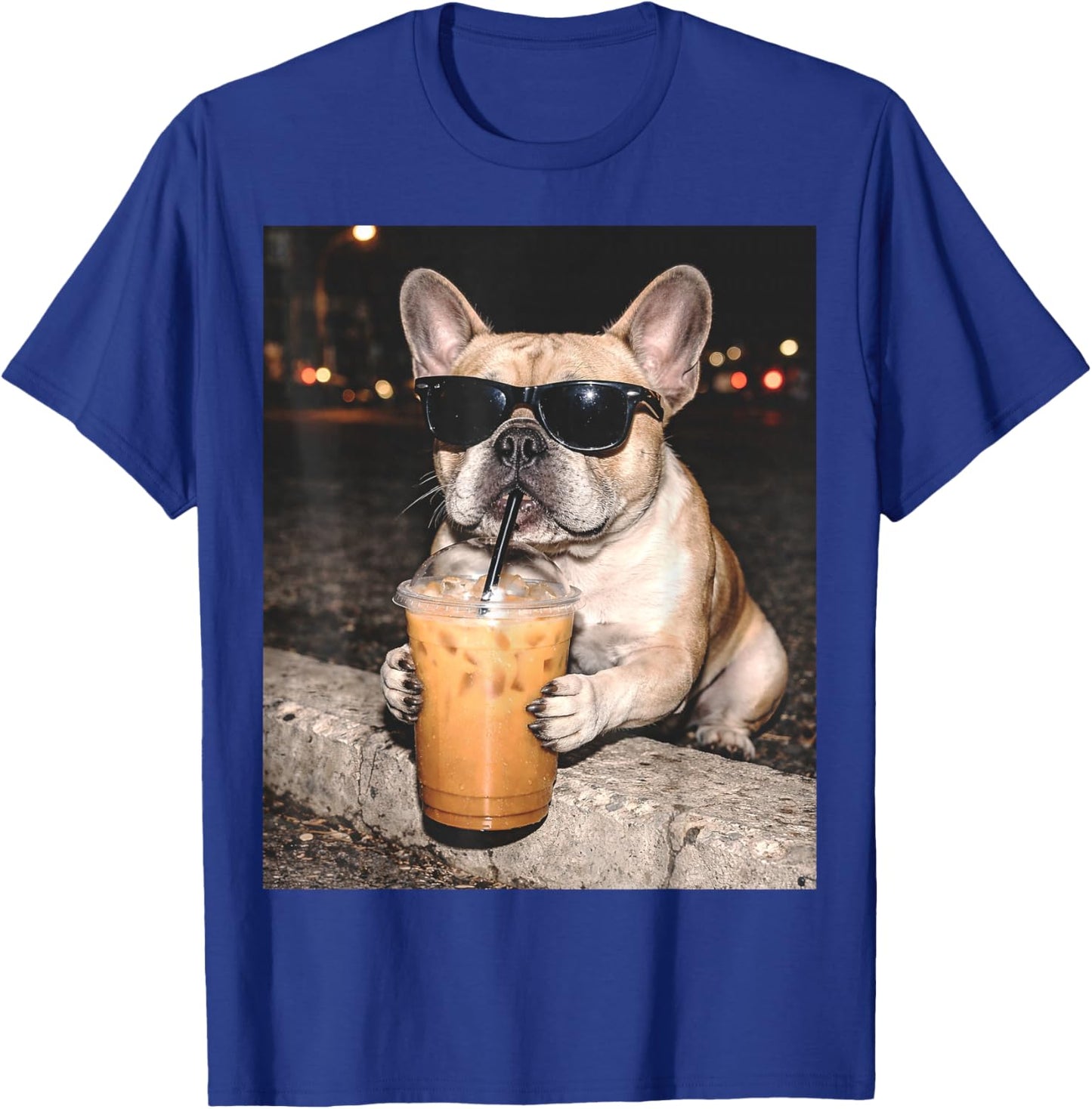 French Bulldog Drinking Iced Coffee Funny Animal T-Shirt - T-Shirt | Royal