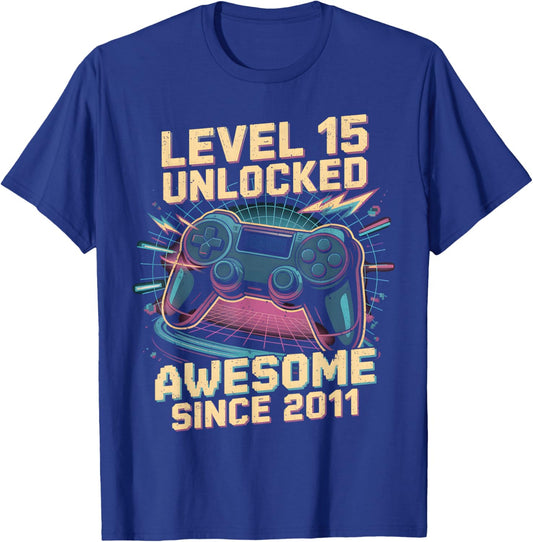 15 Year Old Boy Level 15 Gamer 2011 15th Birthday Party Gift T-Shirt - T-Shirt | Royal