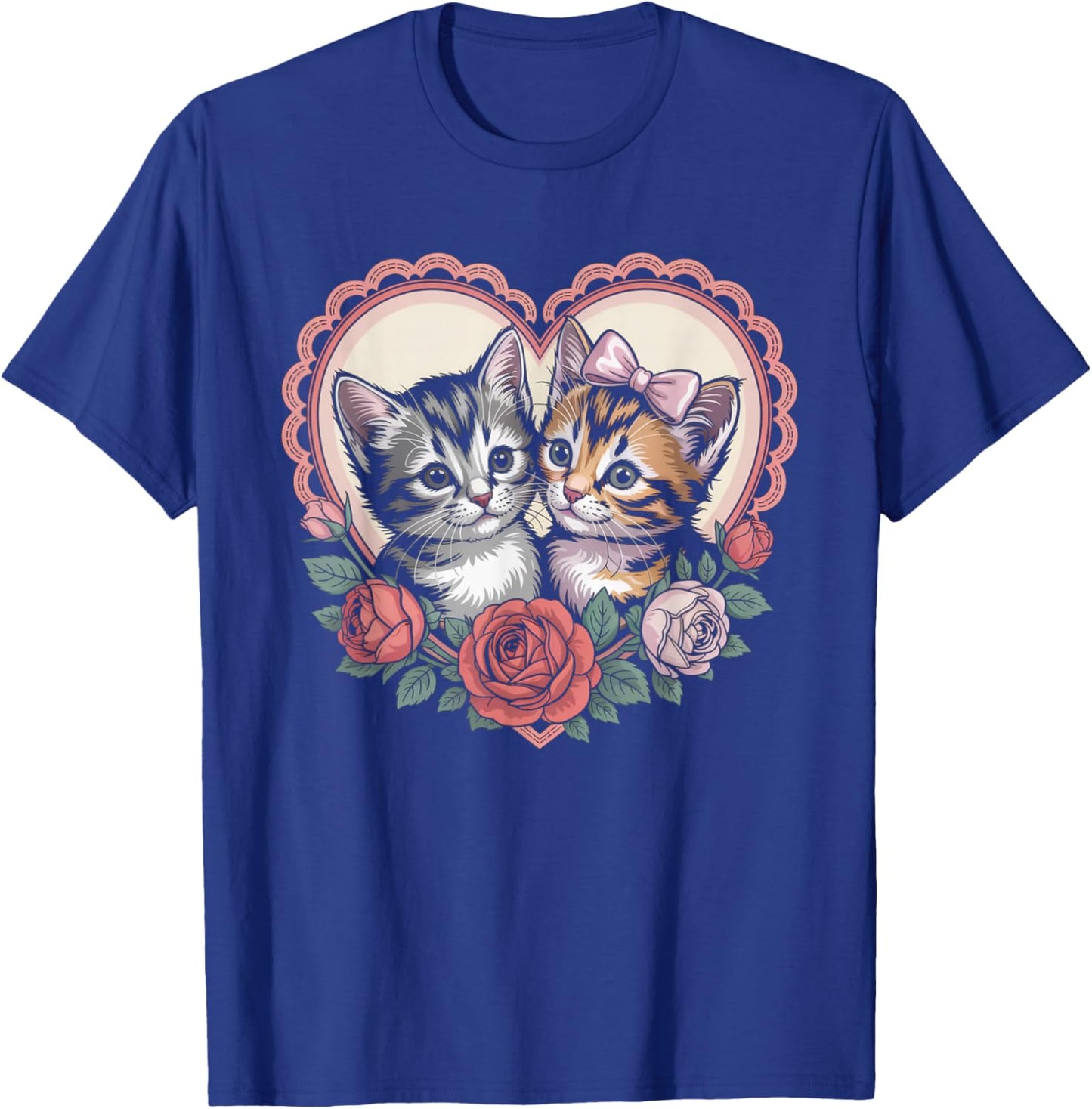 Cute Kittens in Heart with Roses Romantic Cat T-Shirt - T-Shirt | Royal