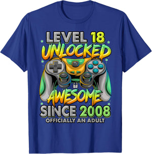 Level 18 Unlocked Awesome Since 2008 18th Birthday Gaming T-Shirt - T-Shirt | Royal