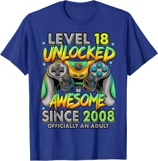 Level 18 Unlocked Awesome Since 2008 18th Birthday Gaming T-Shirt - T-Shirt | Royal