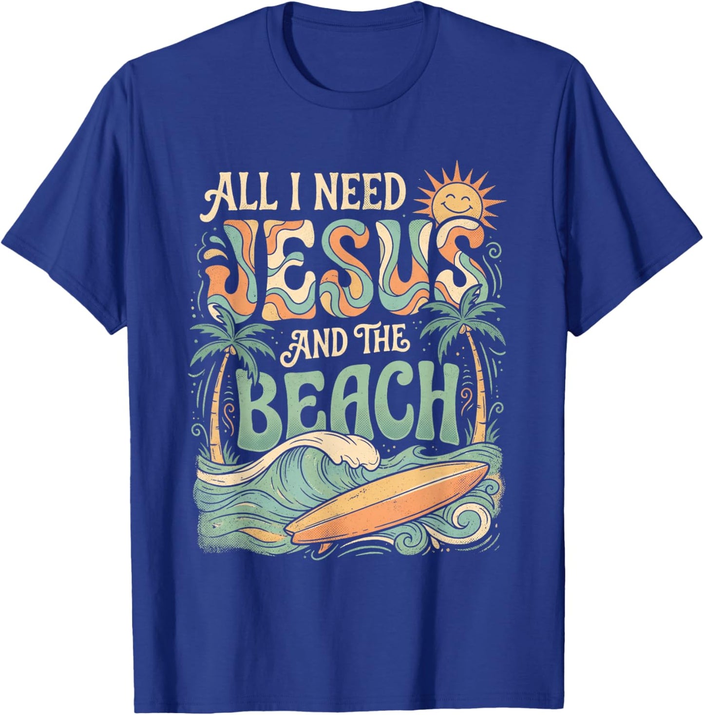 All I Need Jesus and The Beach Retro Surfer Christian T-Shirt - T-Shirt | Royal