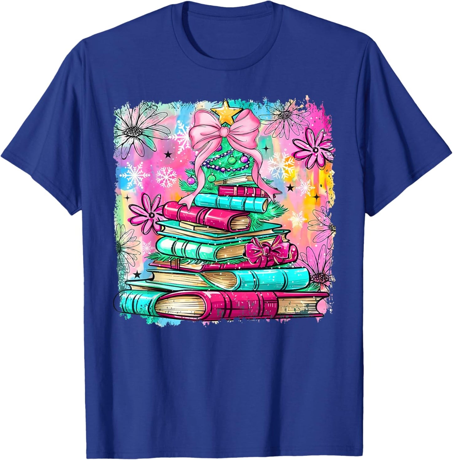 Book Christmas Tree Lights Teacher Librarian Book Lovers T-Shirt - T-Shirt | Royal