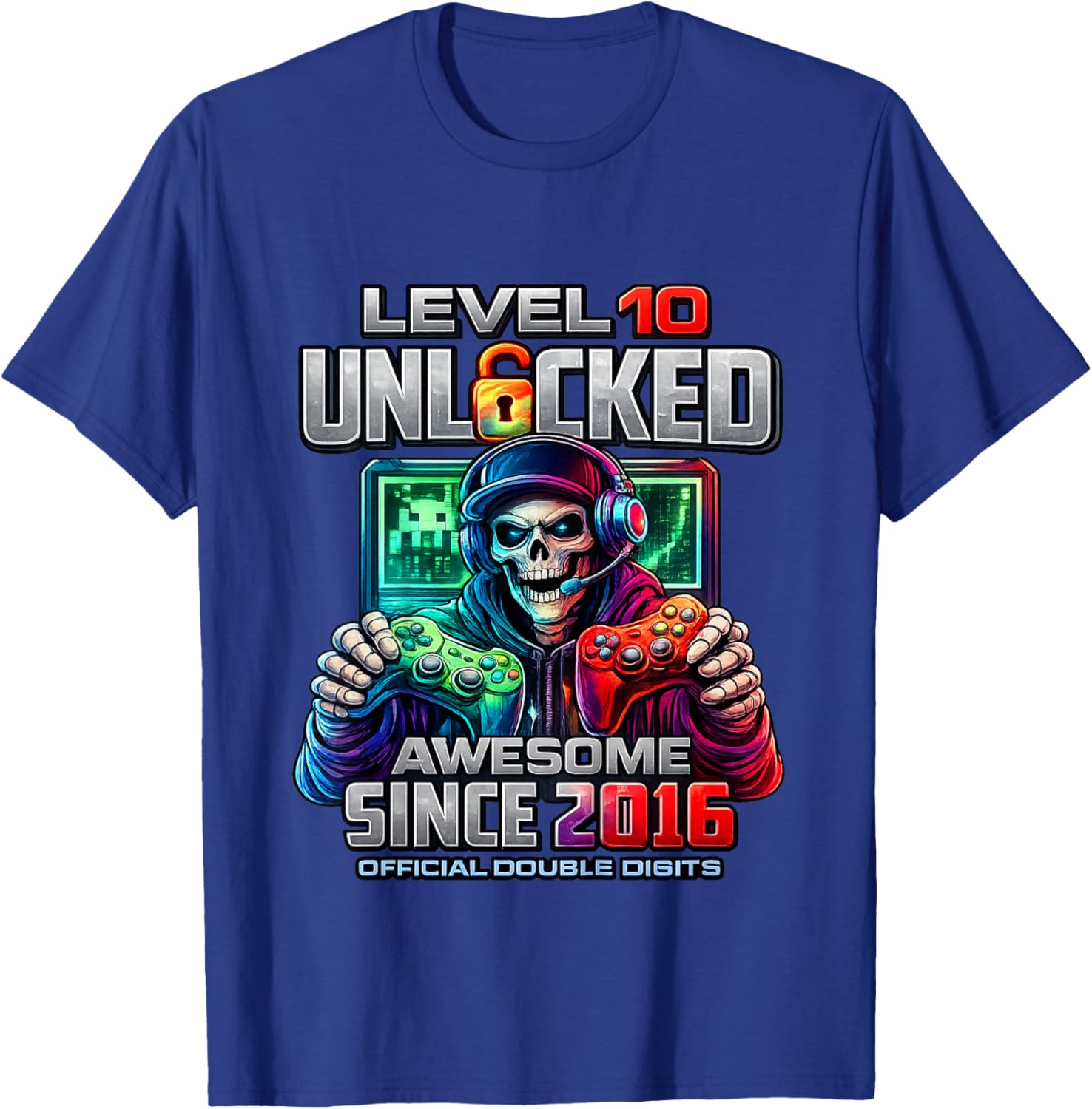 Kids Level 10 Unlocked Awesome Since 2016 10th Birthday Gaming T-Shirt - T-Shirt | Royal