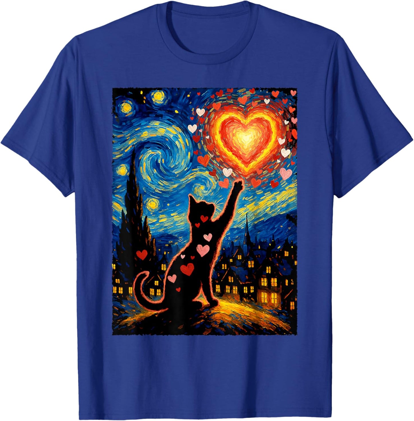Romantic Cat Van Gogh Starry Night Valentine Art Lovers T-Shirt - T-Shirt | Royal