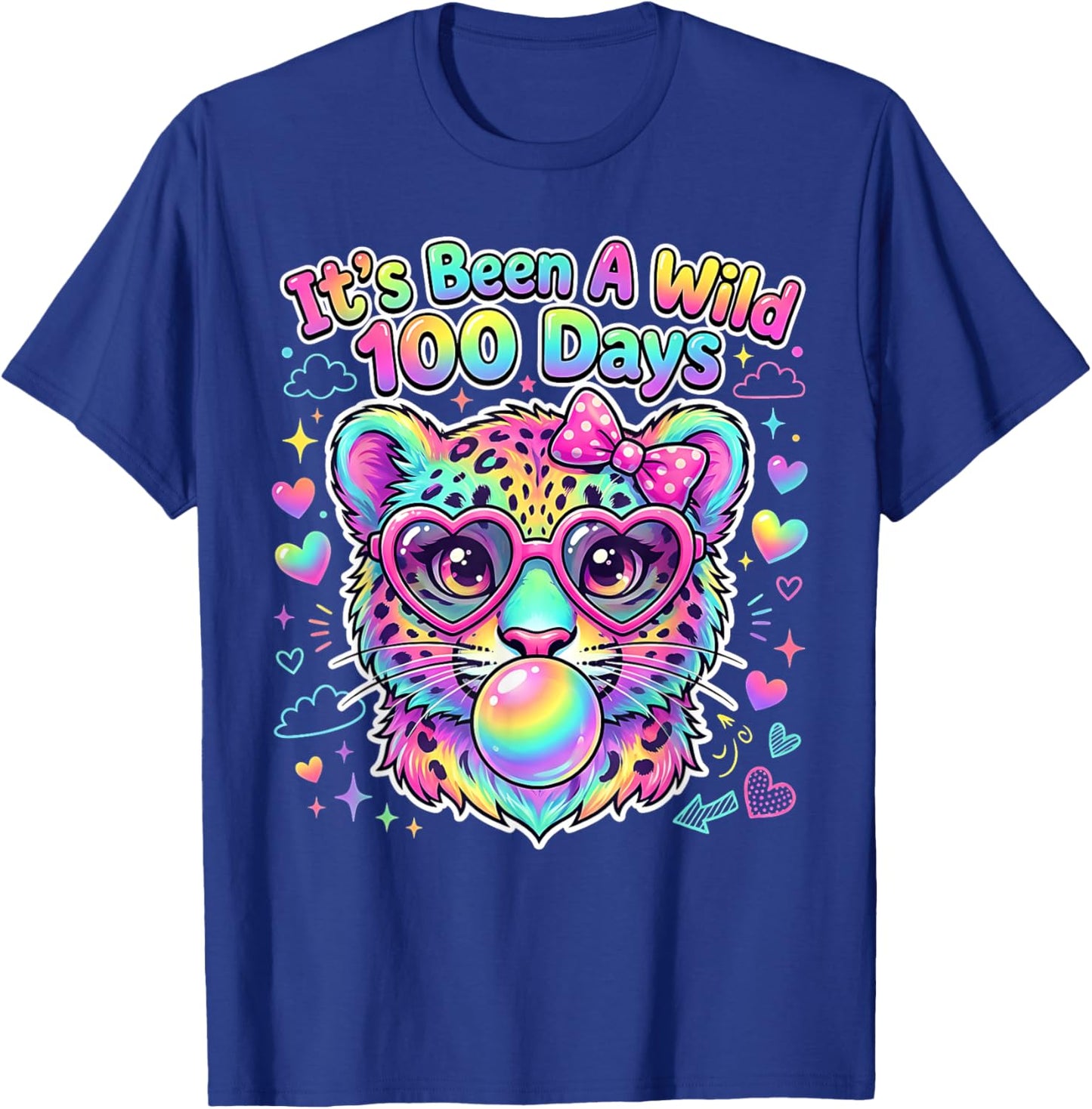 100th Day of School Leopard Bubble Gum Glasses Students Kids T-Shirt - T-Shirt | Royal