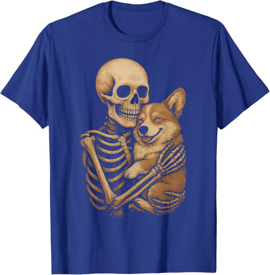 Skeleton Hugging Dog Corgi Funny Halloween T-Shirt - T-Shirt | Royal