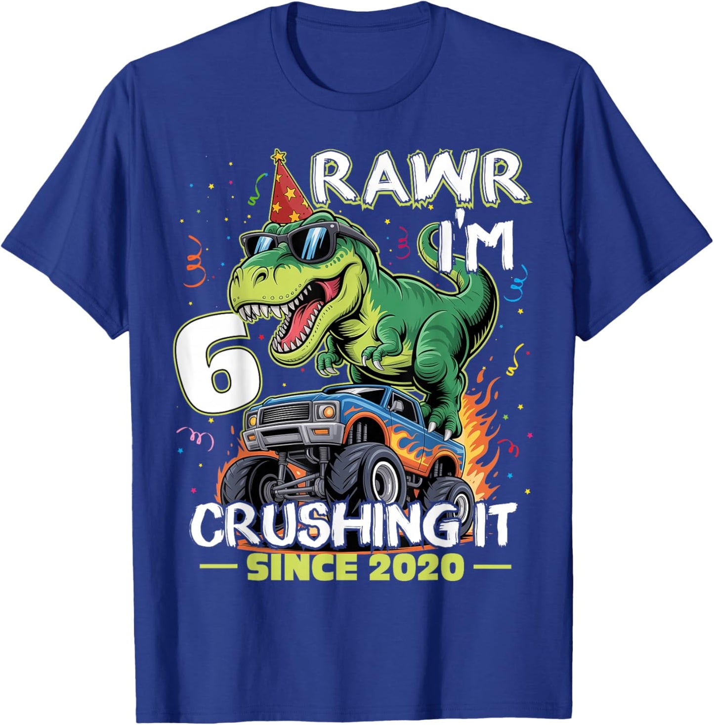 6th Birthday Monster Truck Dinosaur 6 Years Old Birthday Boy T-Shirt - T-Shirt | Royal