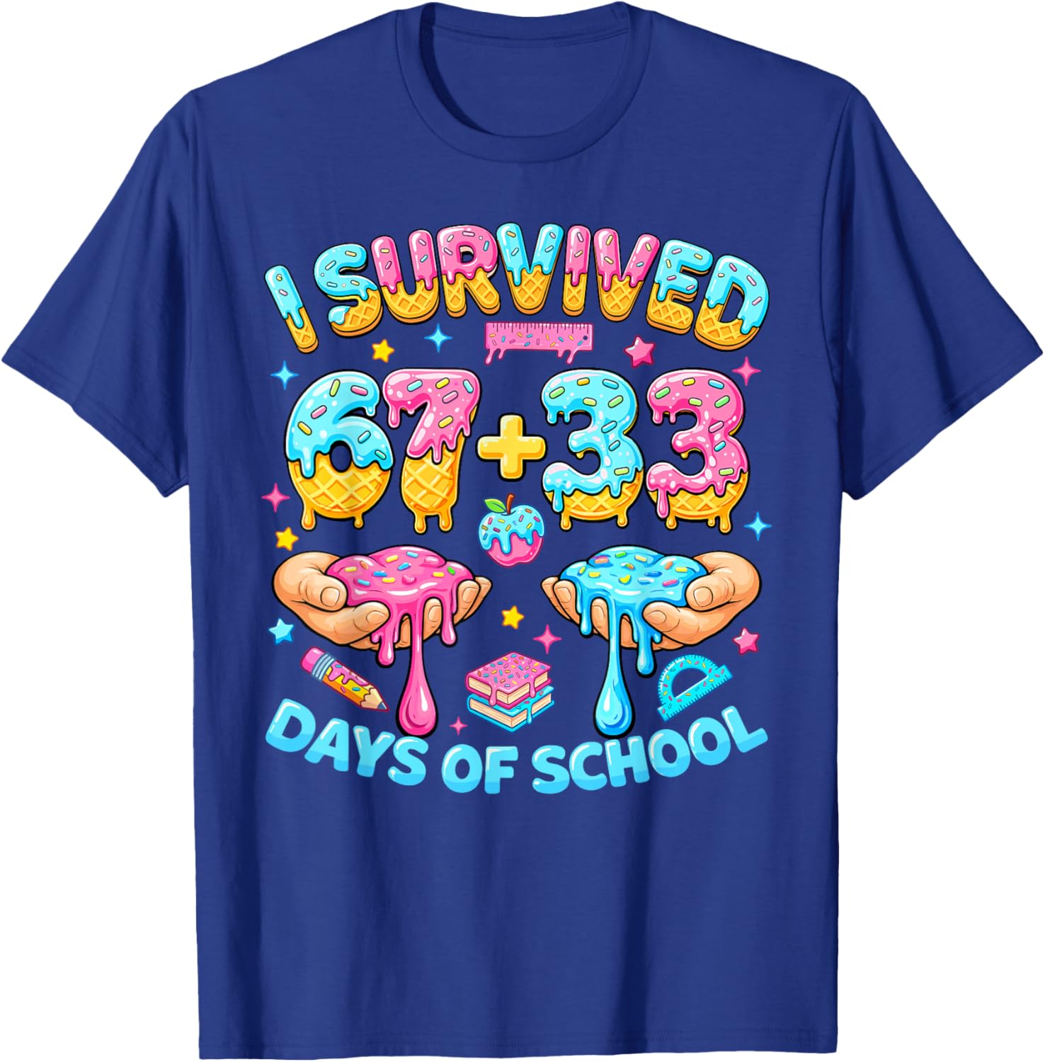 I Survived 67+33 Days of School 100 Days Teachers Kids Boys T-Shirt - T-Shirt | Royal