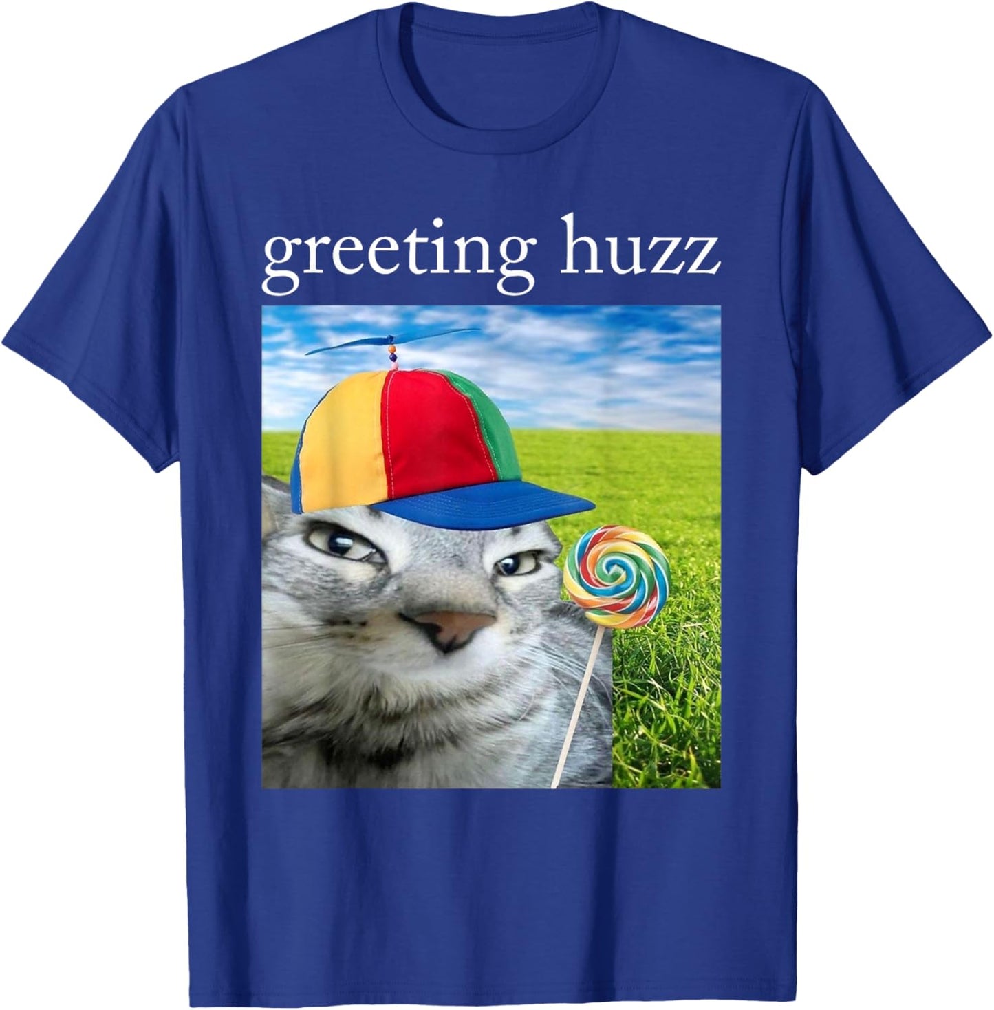 Greetings Huzz Funny Silly Cat with Lollipop Gen Z Meme T-Shirt - T-Shirt | Royal