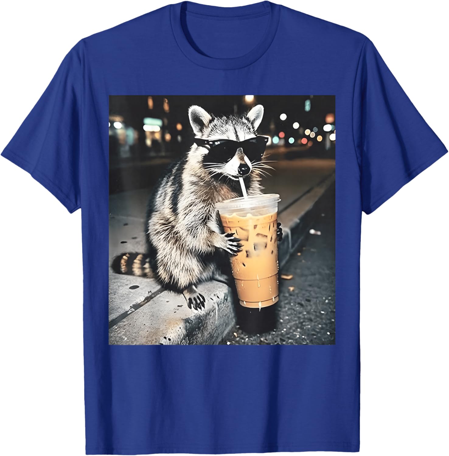 Raccoon Drinking Iced Coffee Funny Animal Meme Men Women T-Shirt - T-Shirt | Royal