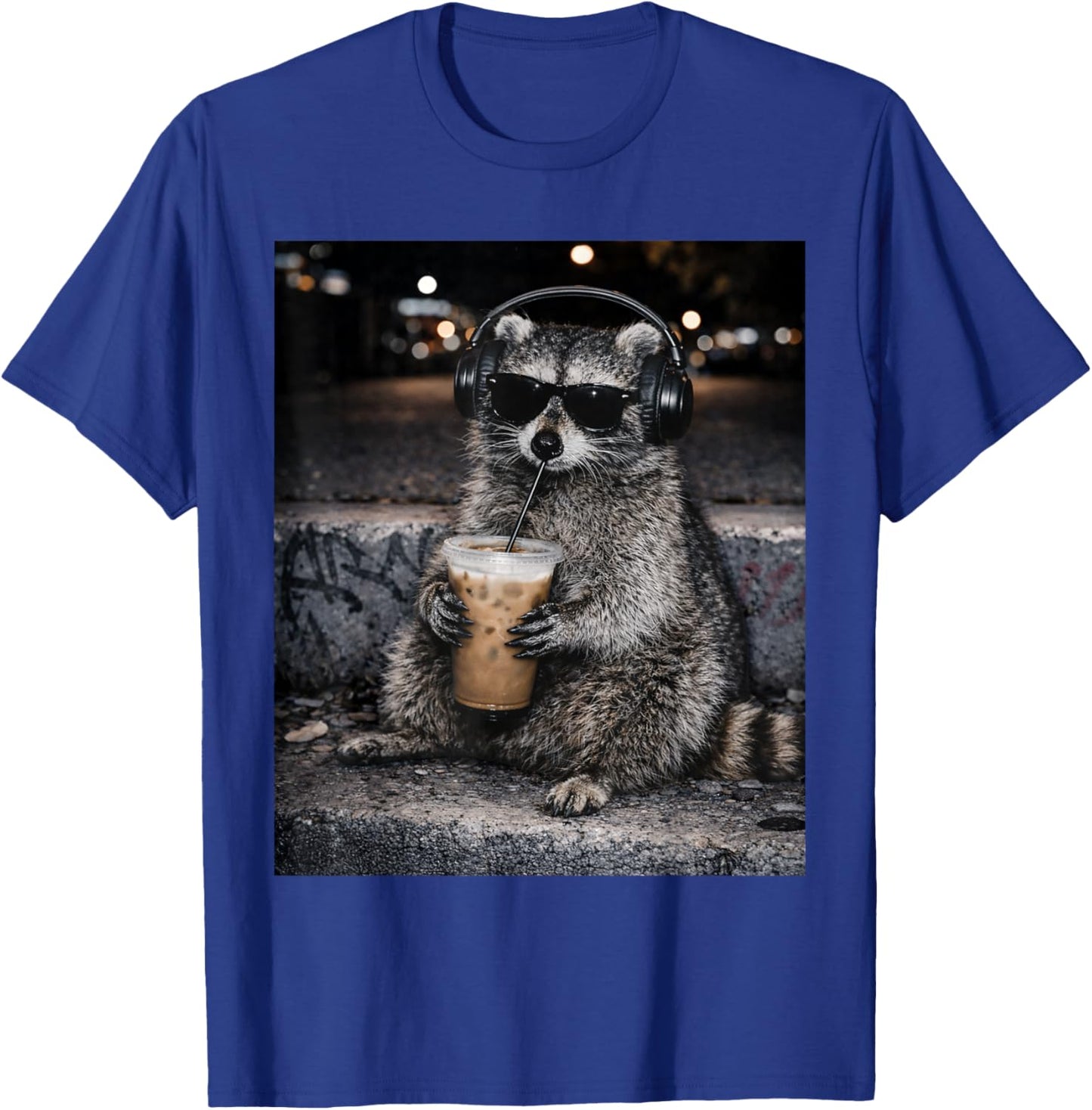 Raccoon Drinking Iced Coffee Funny Animal Meme T-Shirt - T-Shirt | Royal