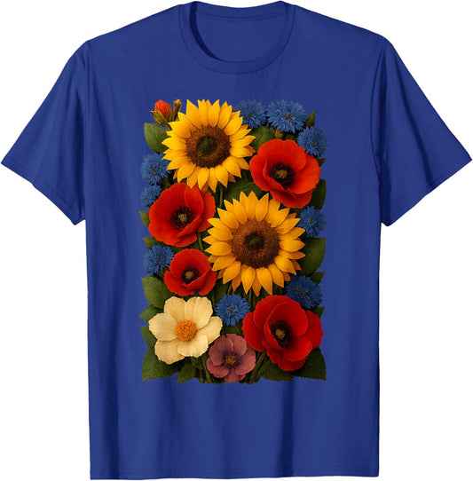 Sunflower and Poppy Flower Bouquet Graphic Rustic Summer T-Shirt - T-Shirt | Royal