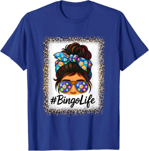 Bingo Life Messy Bun Women Bingo Lover Grandma Leopard Print T-Shirt - T-Shirt | Royal