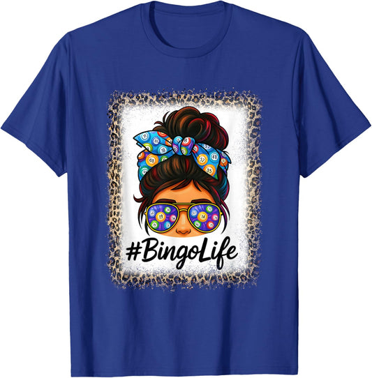 Bingo Life Messy Bun Women Bingo Lover Grandma Leopard Print T-Shirt - T-Shirt | Royal