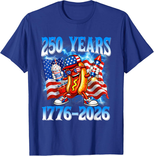 250 Years 1776 2026 250th American Flag 4th of July Hotdog T-Shirt - T-Shirt | Royal