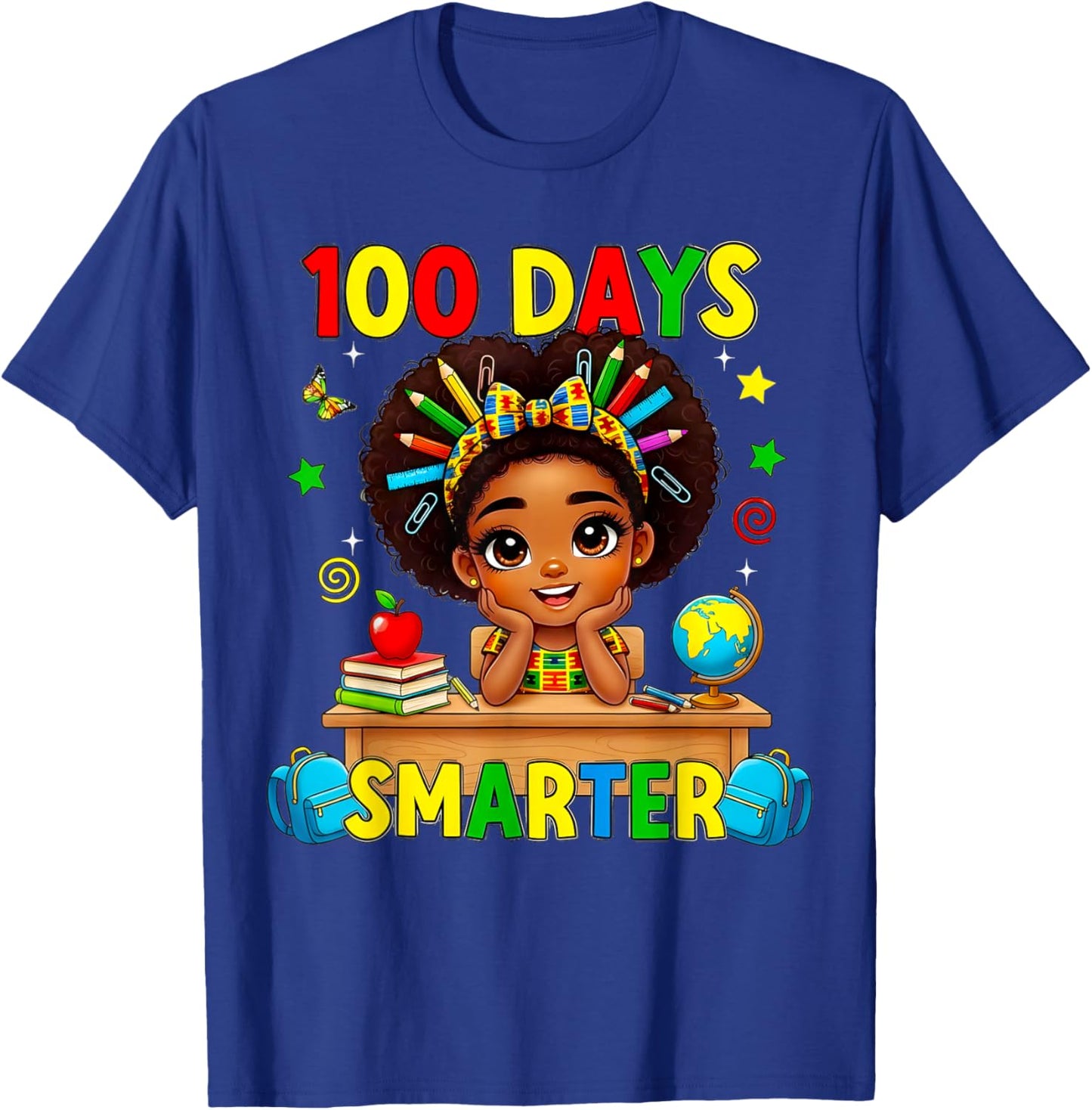 100 Days of School Afro Girl 100th Day Teacher Messy Bun T-Shirt - T-Shirt | Royal