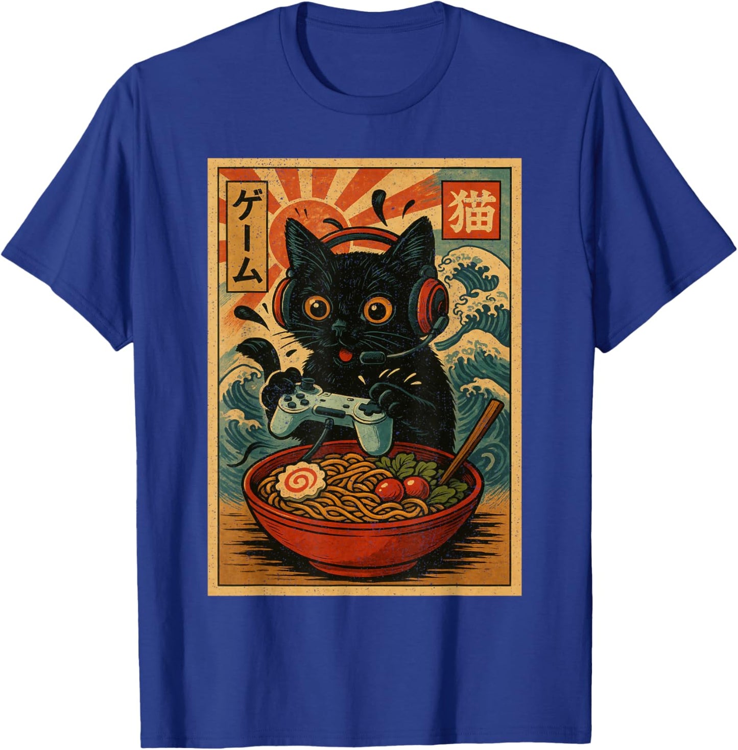 Cute Kawaii Gamer Cat Funny Ramen Retro Japanese Cat Gaming T-Shirt - T-Shirt | Royal