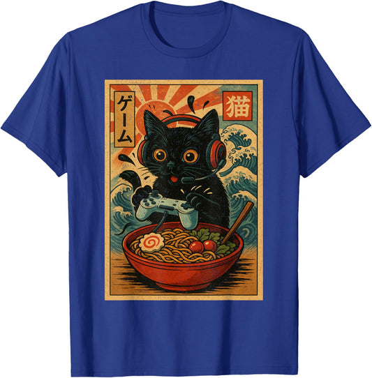 Cute Kawaii Gamer Cat Funny Ramen Retro Japanese Cat Gaming T-Shirt - T-Shirt | Royal