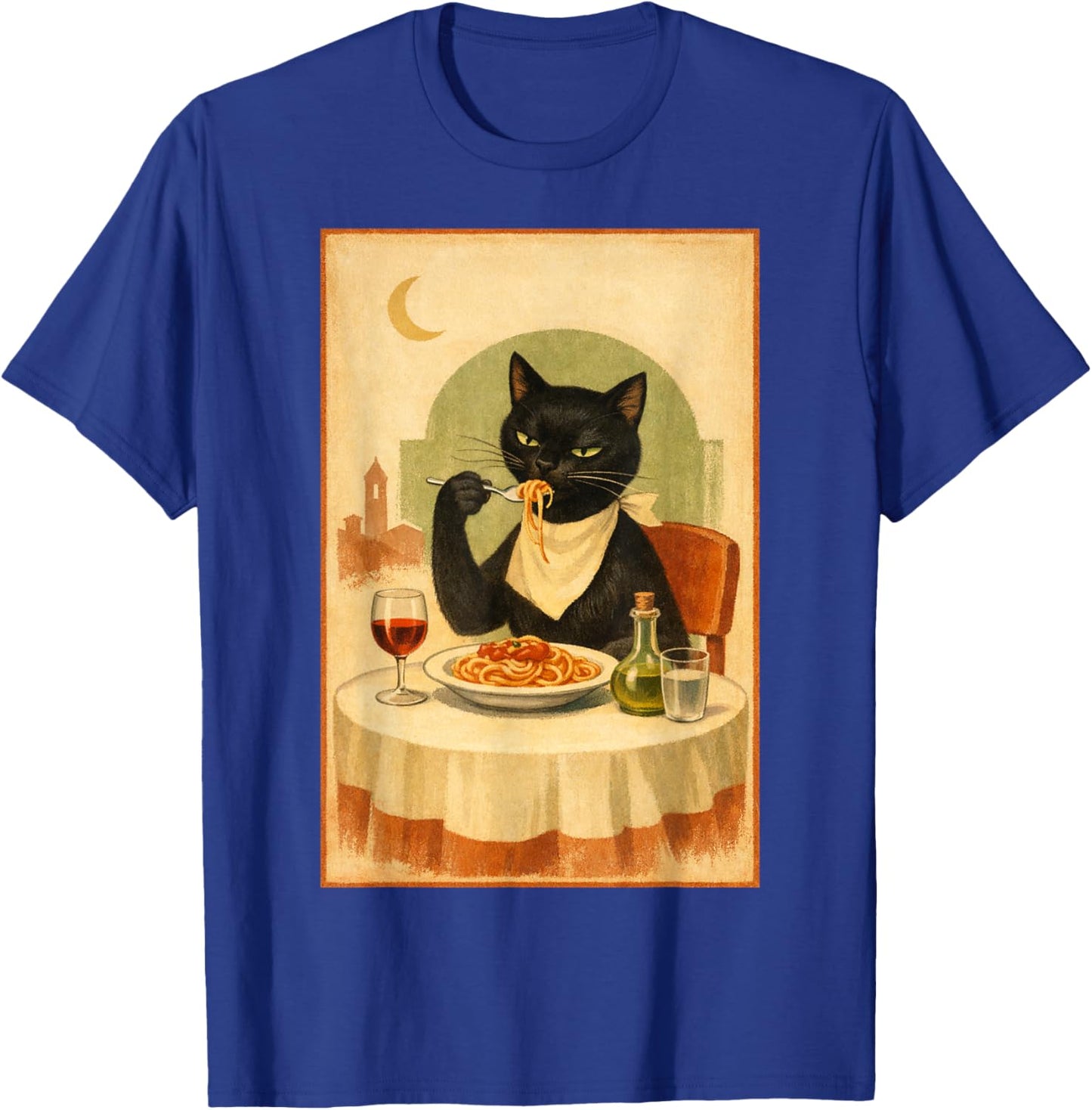 Black Cat Eating Spaghetti Illustration T-Shirt - T-Shirt | Royal