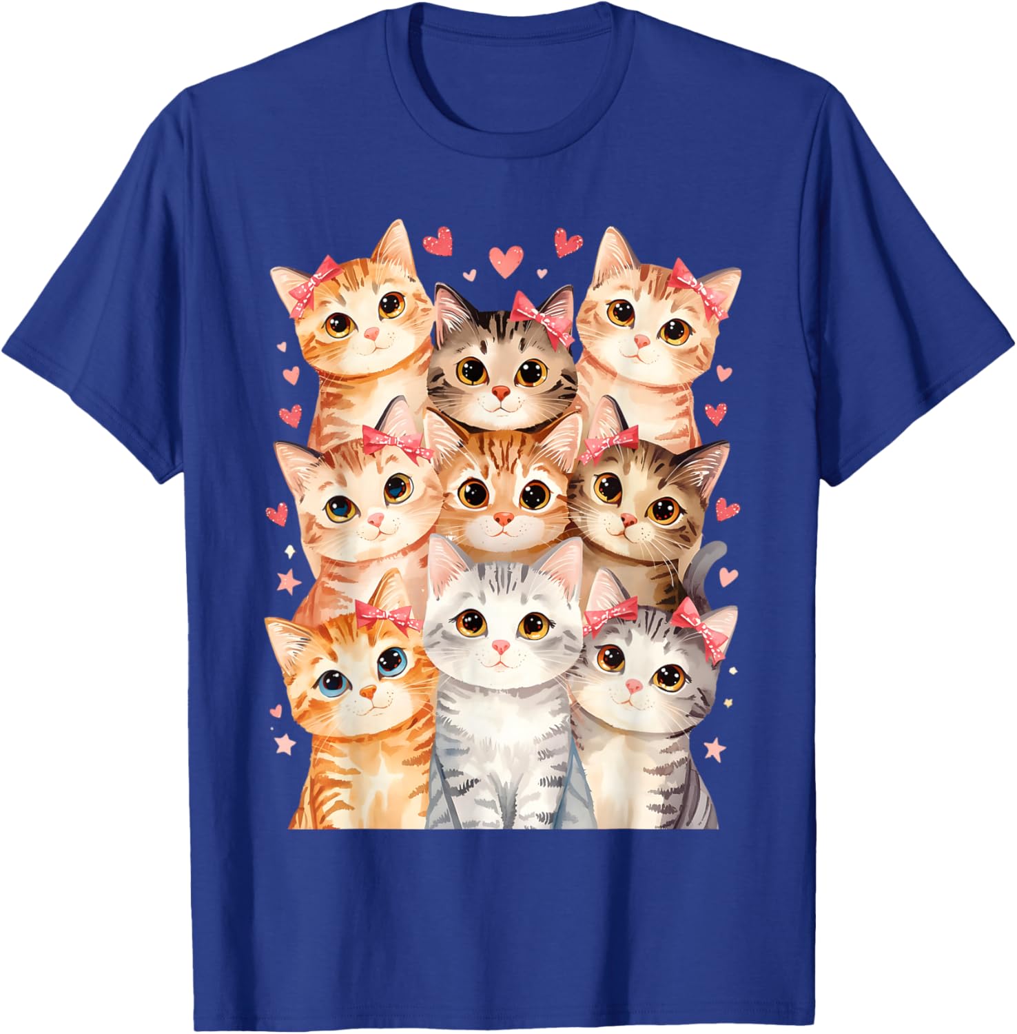Cat Loving Girls Nine Cats with Pink Bows and Love Heart T-Shirt - T-Shirt | Royal