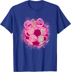 Soccer Coquette Bow Breast Cancer Awareness Pink Ribbon T-Shirt - T-Shirt | Royal